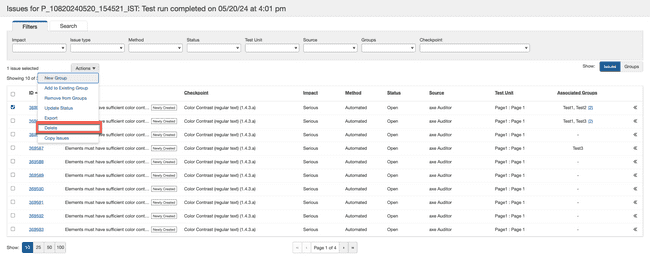 selecting multiple issue checkboxes, then selecting Delete from global button menu at top of
table