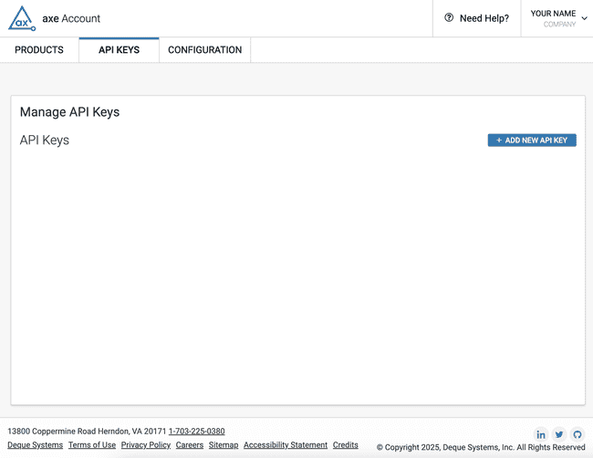 A settings page for an axe Account with the option to Manage API Keys