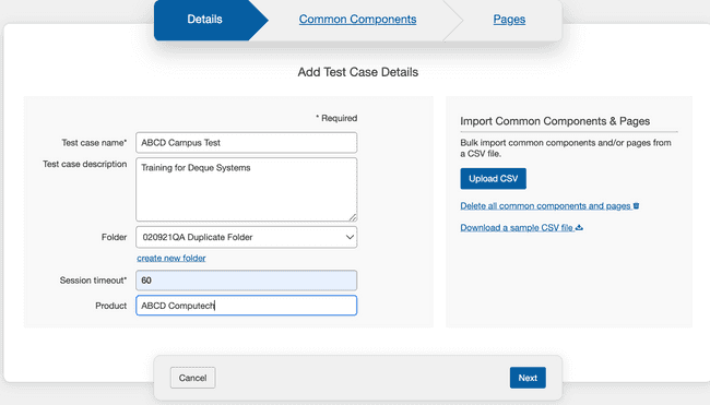 Populating the Details panel fields then activating the Next button when creating a new Test
Case