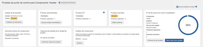 Ejemplo de pantalla de preparación de una página para pruebas automatizadas y manuales