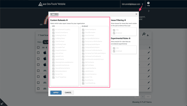 Screenshot of the Settings dialog with all the custom rulesets available to select and deselect via checkboxes.