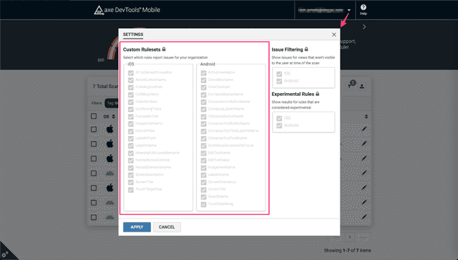 Screenshot of the Settings dialog with all the custom rulesets available to select and deselect via checkboxes.