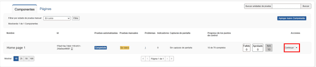 Hacer clic en el botón Reanudar/Revisar de la Unidad de prueba en la pantalla Descripción general de la ejecución de prueba