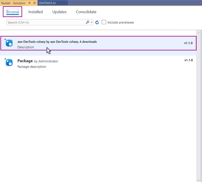 VS 2019 displaying the NuGet Package Manager with Package Source set to Artifactory and the Browse tab selected. Two options display: axe-devtools-selenium, and Package.
