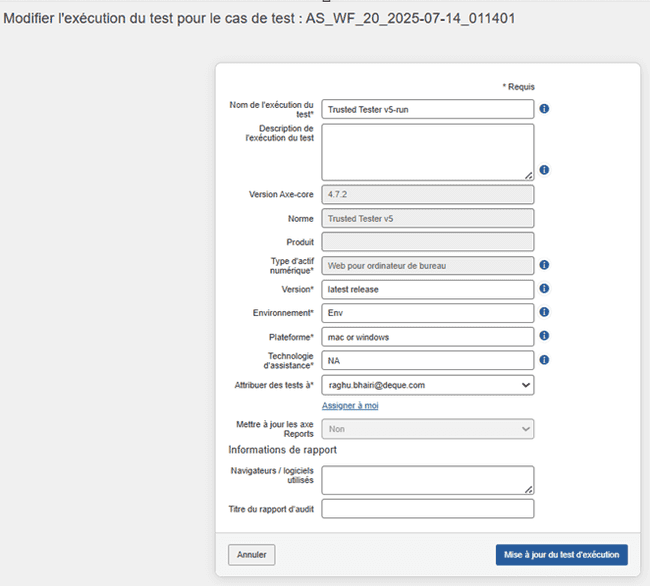 Bouton de modification de l'exécution du test