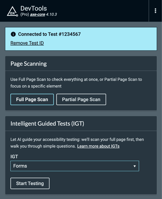 Screenshot of connected custom integration extension start testing page