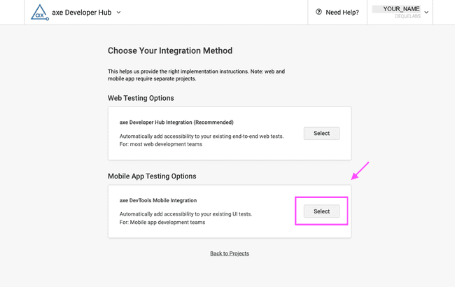 The page for Choosing an Integration Method in axe Developer Hub currently offers two options, the axe Developer Hub Integration for Web Testing and the axe DevTools Mobile Integration for Mobile App Testing.