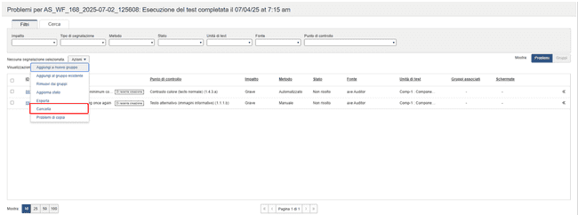Elimina opzione dal menu a discesa Azioni