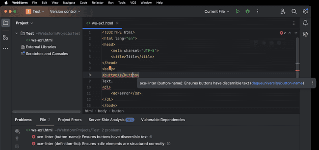 Shows how the plugin indicates accessibility errors in WebStorm. The errors are missing button text and an incorrect definition list.