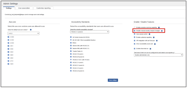 Admin Settings page to Disable the Impact Option
