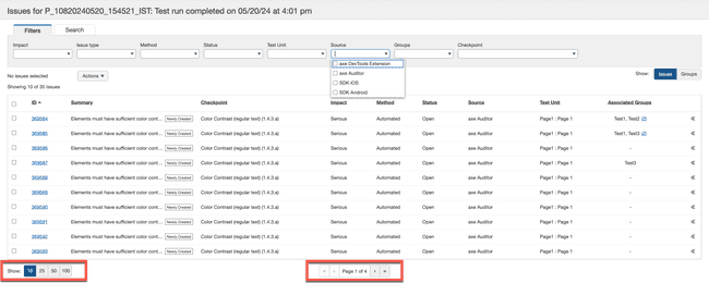 Clicking Show rows per table page, Page # of total navigation buttons