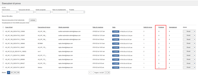 Accesso ai problemi dalla schermata Esecuzioni di test