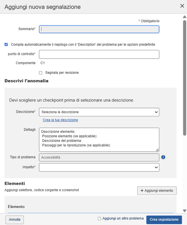 Schermata Aggiungi nuovo problema