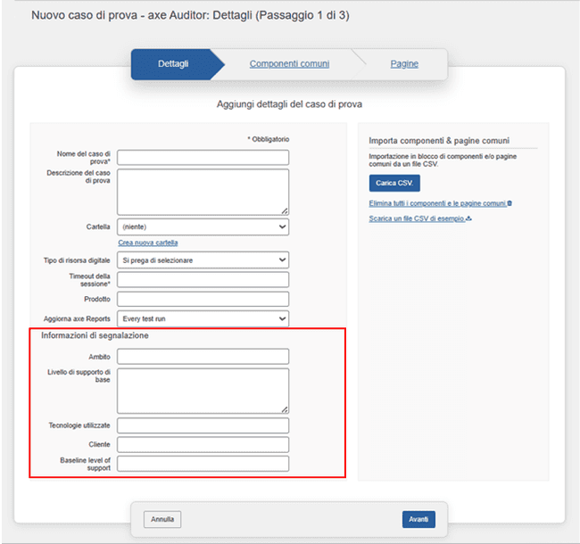Informazioni di reportistica per aggiungere dettagli al caso di prova