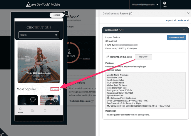 Screenshot of an issue open in axe DevTools Mobile. On the left is a screenshot with the detected issue highlighted. On the right is a panel showing additional details.