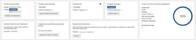 Mensaje de respuesta del sistema: 'Se completaron todos los puntos de control de esta página' con los enlaces Completar prueba automática e Ir a la descripción general de la ejecución de prueba, junto con el botón Ir a la siguiente página incompleta